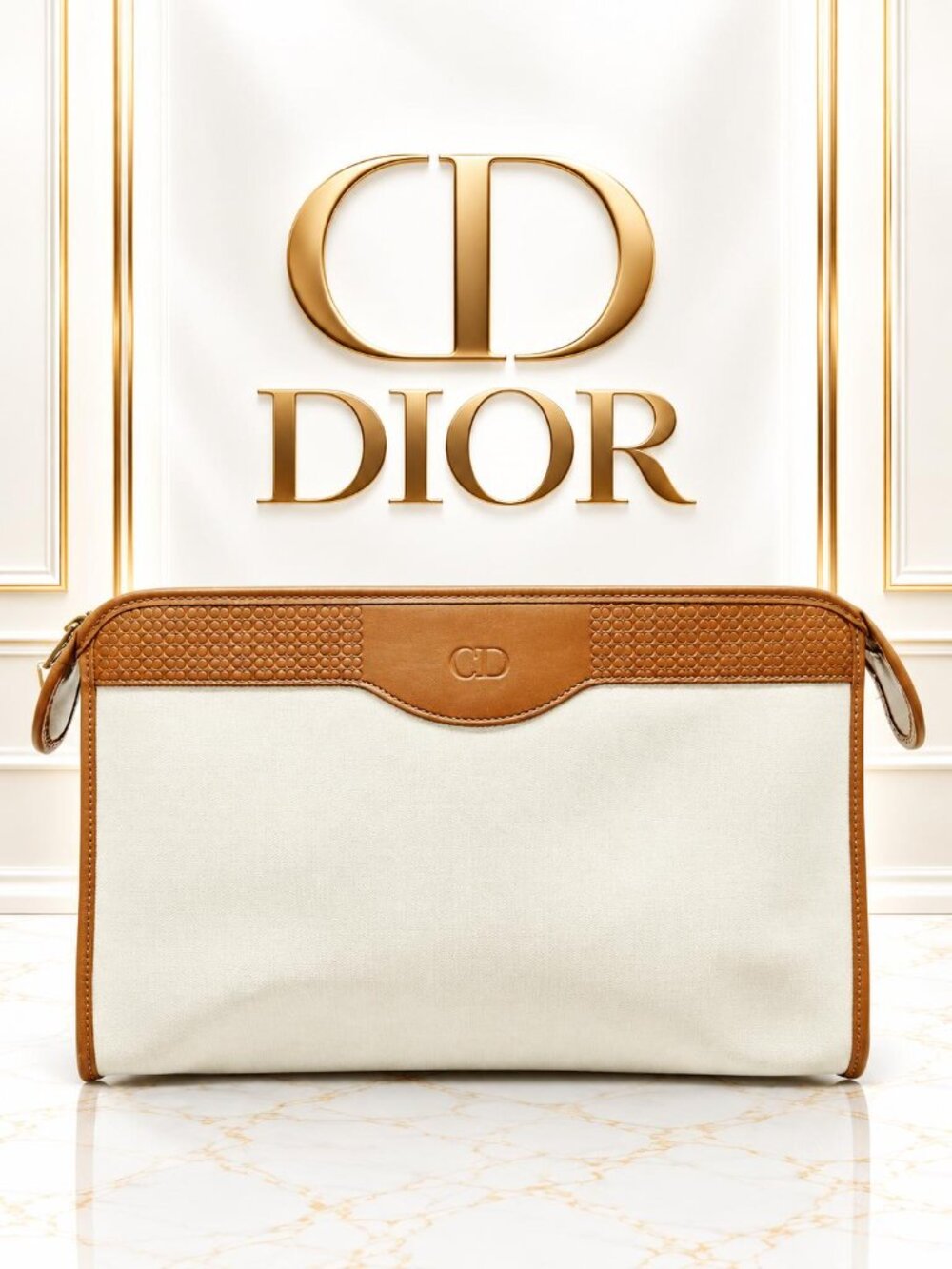 Christian Dior Vintage CD Canvas Leather Clutch Pouch Beige Brown Luxury Bag